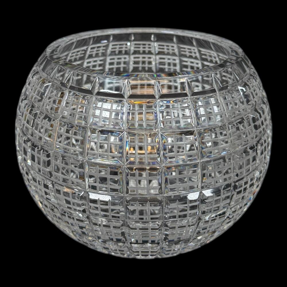 Ofnah Hand Cut Crystal Mirrorball Geometric Squares Rose Bowl Vase 5” Poland
